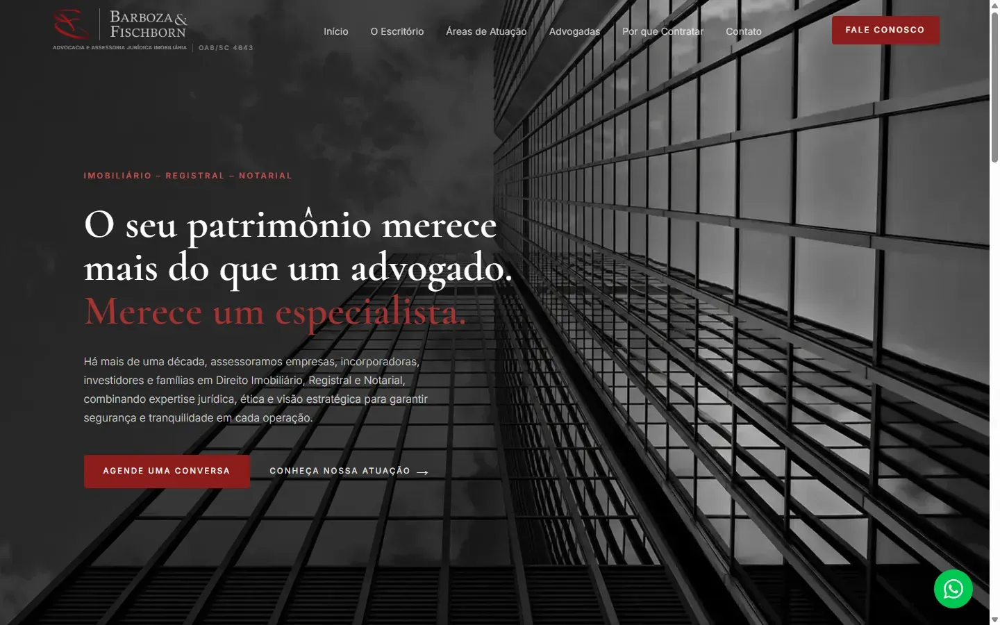 Tela do site Barboza & Fischborn Advocacia com layout corporativo.