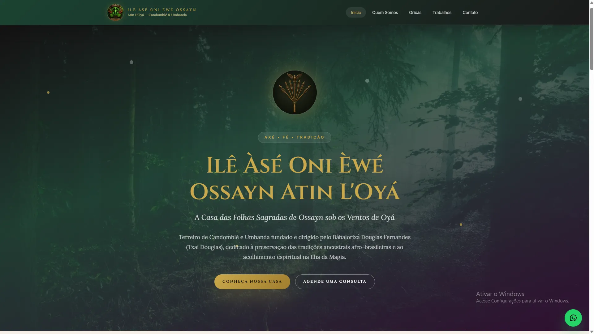 Tela do site Ilê Àṣé Oni Éwè Ossayn com visual escuro, hero central e elementos dourados.